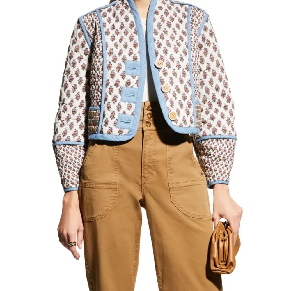 Veronica Beard Kamila Reversible Floral Quilted Jacket with Blue Accents